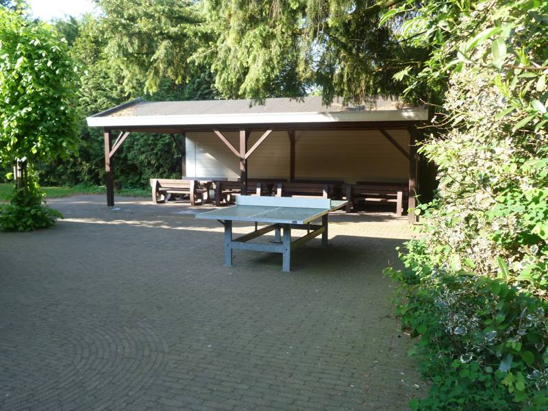 In de achtertuin een overdekt terras.